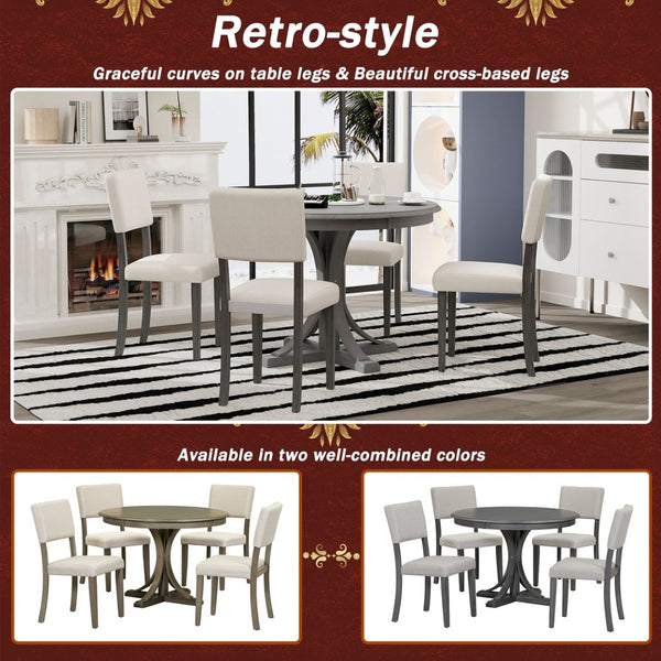 English Elm Trexm Retro Round Birch Veneer Dining Set Seats Four with Cushioned Upholstered Chairs ST000079AAE