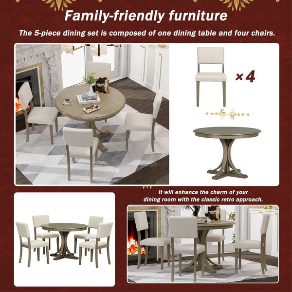 English Elm Trexm Retro Round Bistro Dining Set Acacia Wood Trestle Base Upholstered Seats 5 Piece ST000079AAD