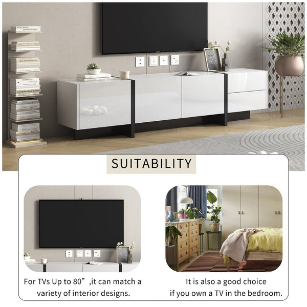 English Elm Glossy White Tv Stand with Black Accents Sleek Modern Console for 80 Inch Screens WF300852AAK