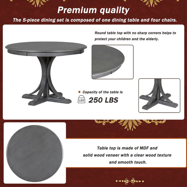 English Elm Trexm Retro Round Birch Veneer Dining Set Seats Four with Cushioned Upholstered Chairs ST000079AAE
