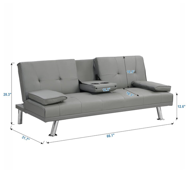 English Elm Sofa Futon Convertible with Cup Holders Wood Frame Stainless Legs Grey Pvc Upholstery W214104621