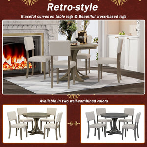 English Elm Trexm Retro Round Bistro Dining Set Acacia Wood Trestle Base Upholstered Seats 5 Piece ST000079AAD