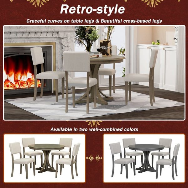 English Elm Trexm Retro Round Bistro Dining Set Acacia Wood Trestle Base Upholstered Seats 5 Piece ST000079AAD