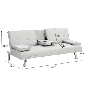 English Elm Sofa Bed Futon with Cup Holders Wood Frame Stainless Legs White Pvc Sleeper W214104918