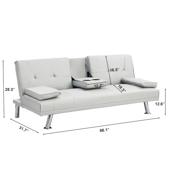 English Elm Sofa Bed Futon with Cup Holders Wood Frame Stainless Legs White Pvc Sleeper W214104918