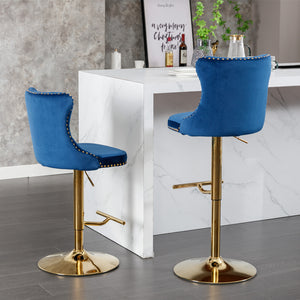 English Elm A&A Velvet Swivel Barstools Set Of 2 - Adjustable Height 25-33" For Kitchen & Home Bar, Blue Elegance W114383664