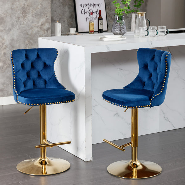 English Elm A&A Velvet Swivel Barstools Set Of 2 - Adjustable Height 25-33" For Kitchen & Home Bar, Blue Elegance W114383664