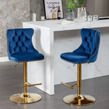 English Elm ,Golden Swivel Velvet Barstools Adjusatble Seat Height From 25-33 Inch, Modern Upholstered Bar Stools With Backs Comfortable Tufted For Home Pub and Kitchen Island,Blue,Set Of 2