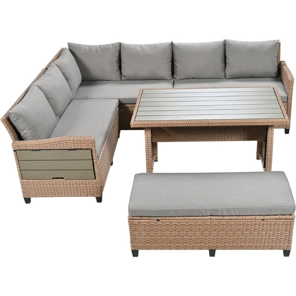 English Elm Tomax Outdoor Pe Wicker Sectional Set Seats 7 with Dining Table and Side Tables N717S100006D