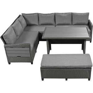 English Elm TOMAX 5-Piece Outdoor Rattan Sectional Sofa Set with Extendable Side Tables and Dining Table Gray SP100006AAE