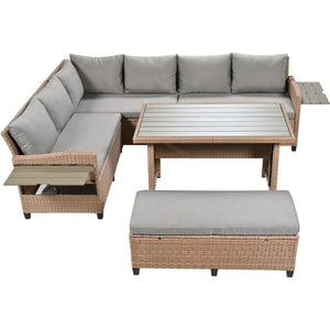 English Elm Tomax Outdoor Pe Wicker Sectional Set Seats 7 with Dining Table and Side Tables N717S100006D
