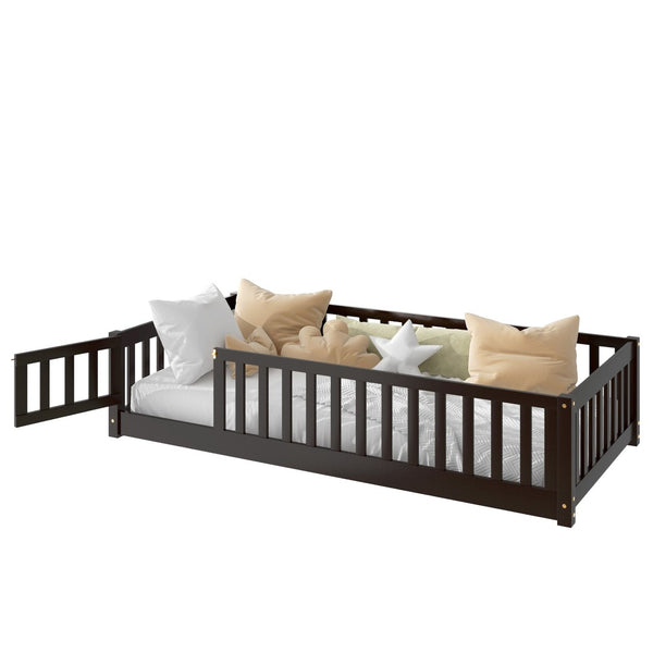 English Elm Twin Solid Rubberwood Floor Bed with Full Perimeter Safety Rails for Toddler Rooms Espresso W504P296781