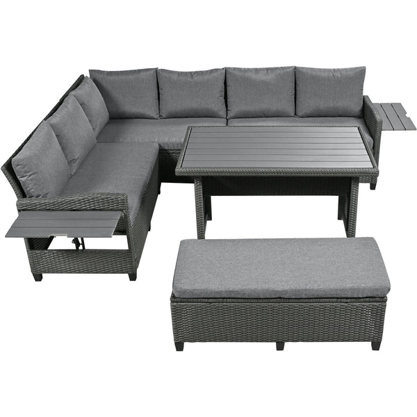 English Elm TOMAX 5-Piece Outdoor Rattan Sectional Sofa Set with Extendable Side Tables and Dining Table Gray SP100006AAE