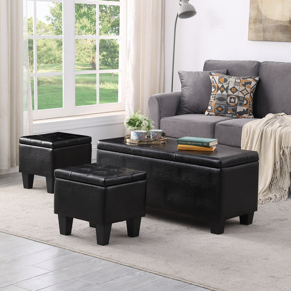 English Elm Large Storage Ottoman Bench Set with 3-Piece Tufted Linen Ottomans, Hidden Storage, 250lb Capacity Black W142083040