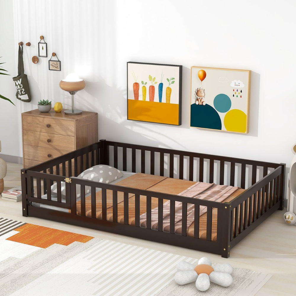 English Elm Twin Solid Rubberwood Floor Bed with Full Perimeter Safety Rails for Toddler Rooms Espresso W504P296789