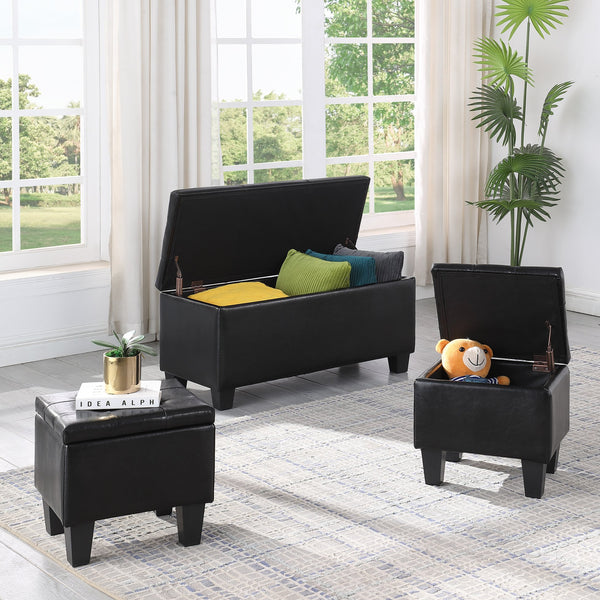 English Elm Large Storage Ottoman Bench Set with 3-Piece Tufted Linen Ottomans, Hidden Storage, 250lb Capacity Black W142083040