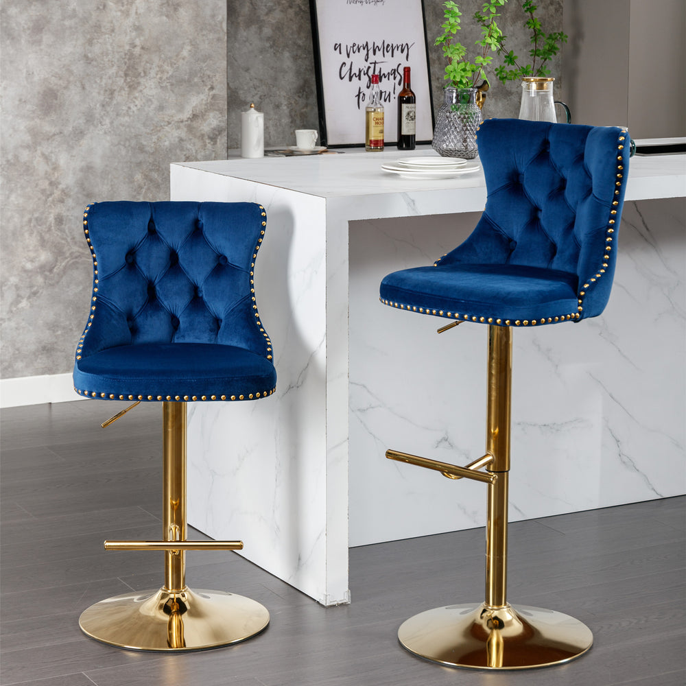 English Elm A&A Velvet Swivel Barstools Set Of 2 - Adjustable Height 25-33" For Kitchen & Home Bar, Blue Elegance W114383664