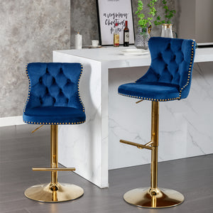 English Elm A&A Velvet Swivel Barstools Set Of 2 - Adjustable Height 25-33" For Kitchen & Home Bar, Blue Elegance W114383664