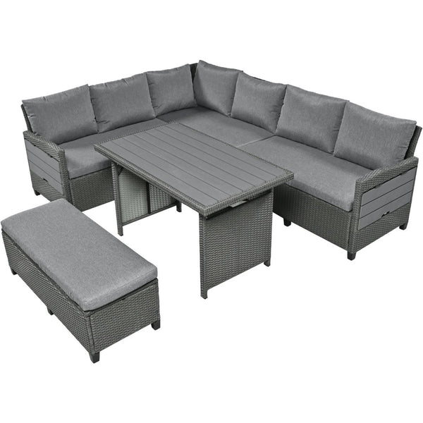 English Elm Tomax 5 Piece Pe Wicker Sectional Patio Set Seats Seven with Dining Table Included N717S110006E