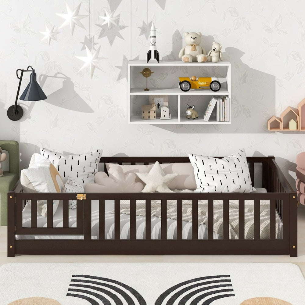 English Elm Twin Solid Rubberwood Floor Bed with Full Perimeter Safety Rails for Toddler Rooms Espresso W504P296781