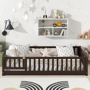 English Elm Twin Solid Rubberwood Floor Bed with Full Perimeter Safety Rails for Toddler Rooms Espresso W504P296781
