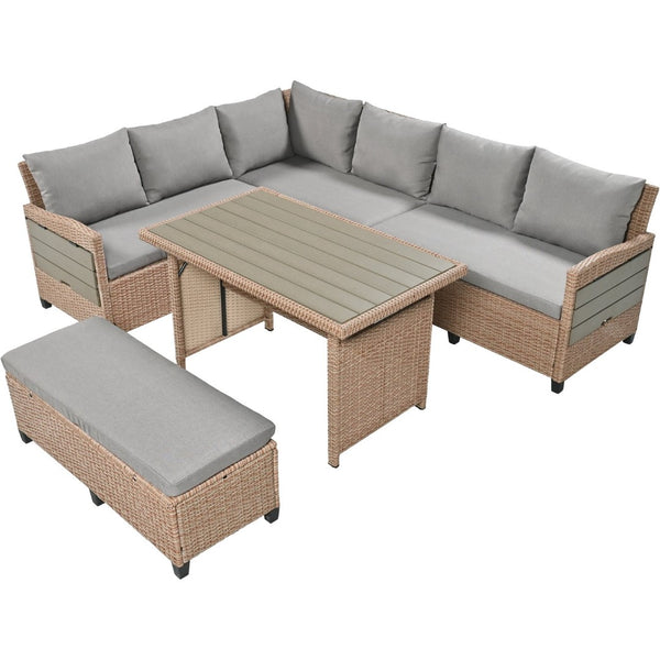English Elm Tomax Outdoor Pe Wicker Sectional Set Seats 7 with Dining Table and Side Tables N717S100006D
