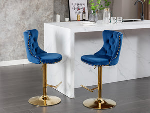 English Elm A&A Velvet Swivel Barstools Set Of 2 - Adjustable Height 25-33" For Kitchen & Home Bar, Blue Elegance W114383664
