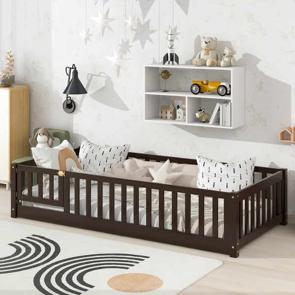 English Elm Twin Solid Rubberwood Floor Bed with Full Perimeter Safety Rails for Toddler Rooms Espresso W504P296781
