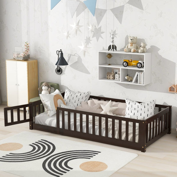 English Elm Twin Solid Rubberwood Floor Bed with Full Perimeter Safety Rails for Toddler Rooms Espresso W504P296781