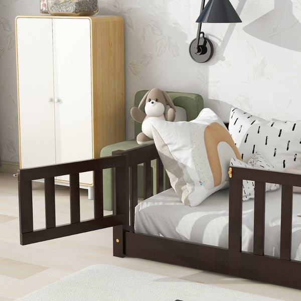 English Elm Twin Solid Rubberwood Floor Bed with Full Perimeter Safety Rails for Toddler Rooms Espresso W504P296781