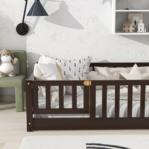 English Elm Twin Solid Rubberwood Floor Bed with Full Perimeter Safety Rails for Toddler Rooms Espresso W504P296781