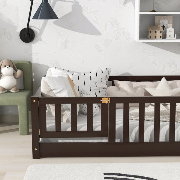 English Elm Twin Solid Rubberwood Floor Bed with Full Perimeter Safety Rails for Toddler Rooms Espresso W504P296781