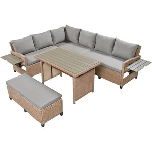 English Elm Tomax Outdoor Pe Wicker Sectional Set Seats 7 with Dining Table and Side Tables N717S100006D