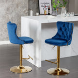 English Elm ,Golden Swivel Velvet Barstools Adjusatble Seat Height From 25-33 Inch, Modern Upholstered Bar Stools With Backs Comfortable Tufted For Home Pub and Kitchen Island,Blue,Set Of 2