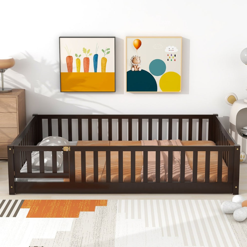 English Elm Twin Solid Rubberwood Floor Bed with Full Perimeter Safety Rails for Toddler Rooms Espresso W504P296789