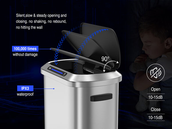 English Elm 50L Smart Motion Trash Can with Silent Slow-Close Lid, 50L/13.2Gal Stainless Steel Sensor Bin W155073165