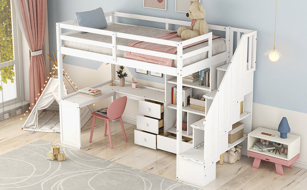 English Elm Twin Loft Bed with L-Shaped Desk, Drawers, Cabinet and Storage Staircase for Space-Saving Rooms White GX000328AAK