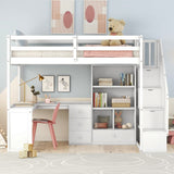 Hearth and Haven Enthrallia Twin Size Loft Bed with L-Shaped Desk, Cabinet and Storage Staircase, White GX000328AAK