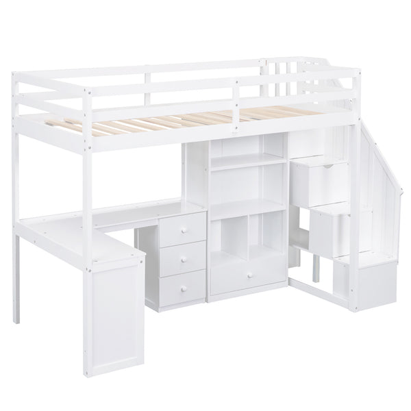 English Elm Twin Loft Bed with L-Shaped Desk, Drawers, Cabinet and Storage Staircase for Space-Saving Rooms White GX000328AAK