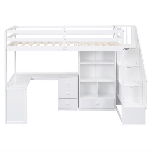 English Elm Twin Loft Bed with L-Shaped Desk, Drawers, Cabinet and Storage Staircase for Space-Saving Rooms White GX000328AAK