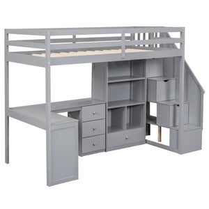 English Elm Twin Loft Bed with L-Shaped Desk, Drawers, Cabinet and Storage Staircase for Space-Saving Rooms Gray GX000328AAE