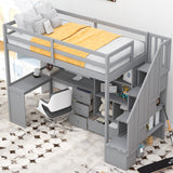 Hearth and Haven Enthrallia Twin Size Loft Bed with L-Shaped Desk, Cabinet and Storage Staircase, Grey GX000328AAE