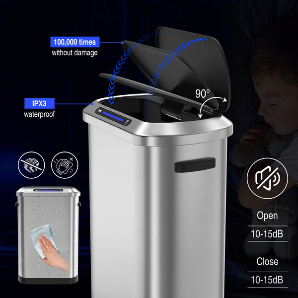 English Elm 50L Smart Motion Trash Can with Silent Slow-Close Lid, 50L/13.2Gal Stainless Steel Sensor Bin W155073165