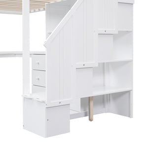 English Elm Twin Loft Bed with L-Shaped Desk, Drawers, Cabinet and Storage Staircase for Space-Saving Rooms White GX000328AAK