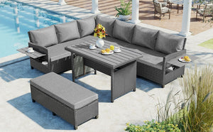 English Elm Tomax 5 Piece Pe Wicker Sectional Patio Set Seats Seven with Dining Table Included N717S110006E