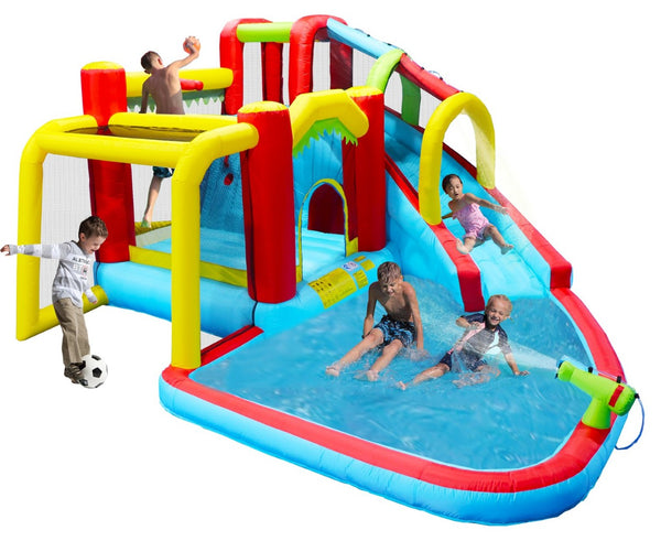 English Elm 7 in 1 Inflatable Backyard Water Park with Slide Splash Pool Climbing Wall and Bouncer W167790010