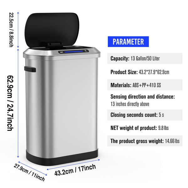 English Elm 50L Smart Motion Trash Can with Silent Slow-Close Lid, 50L/13.2Gal Stainless Steel Sensor Bin W155073165