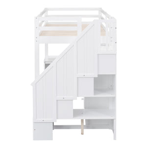 English Elm Twin Loft Bed with L-Shaped Desk, Drawers, Cabinet and Storage Staircase for Space-Saving Rooms White GX000328AAK