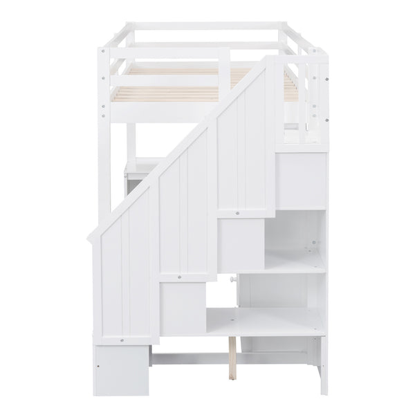 English Elm Twin Loft Bed with L-Shaped Desk, Drawers, Cabinet and Storage Staircase for Space-Saving Rooms White GX000328AAK