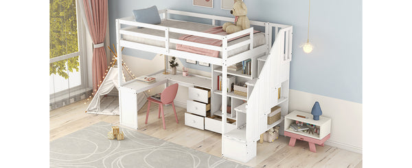 English Elm Twin Loft Bed with L-Shaped Desk, Drawers, Cabinet and Storage Staircase for Space-Saving Rooms White GX000328AAK